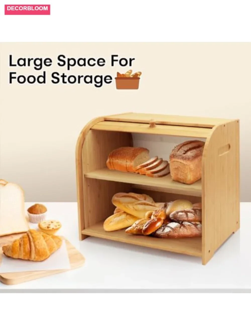 Two Layer Roll Top Bamboo Bread Box for Kitchen Countertop Storage